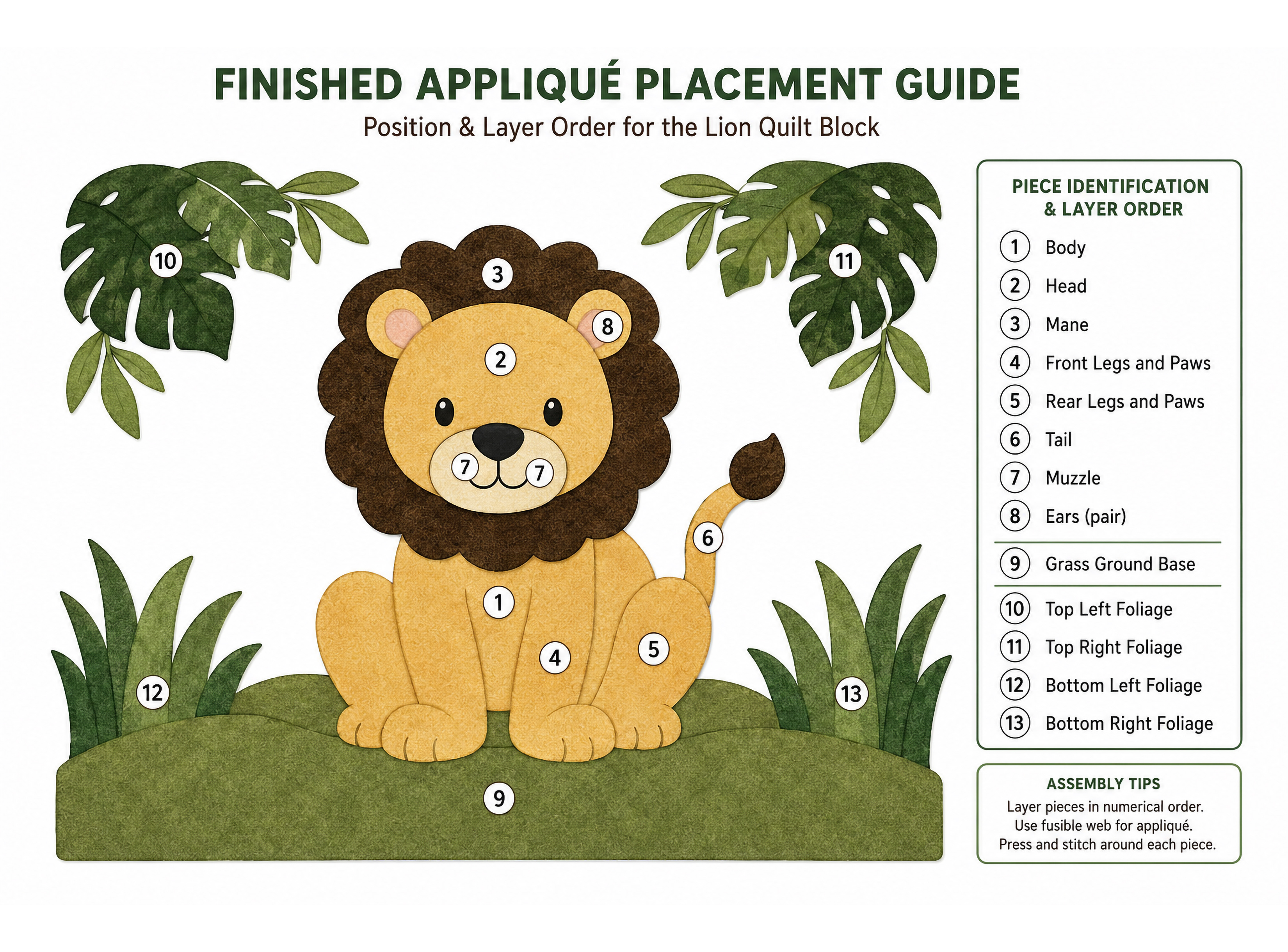 Finished appliqué placement guide for the lion baby quilt pattern