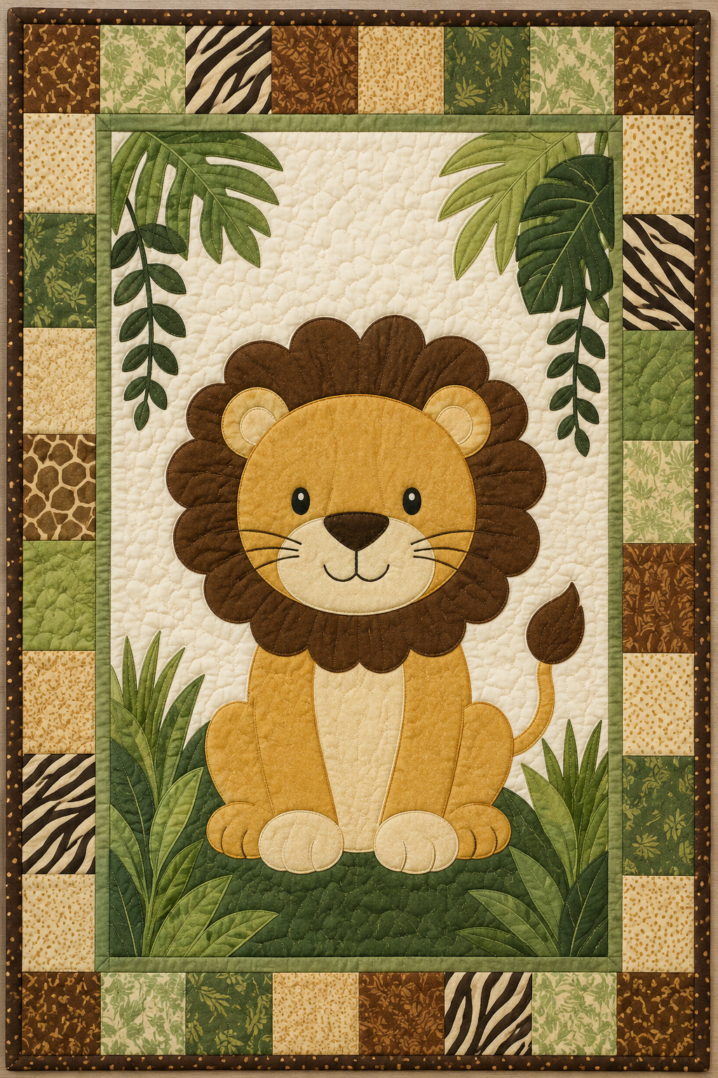 Lion baby quilt pattern displayed in a jungle nursery with a crib size appliqué quilt