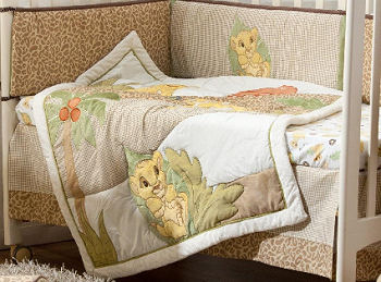 Lion King baby crib bedding set with Simba and Nala chasing butterflies with animal paw prints and leopard print fabric