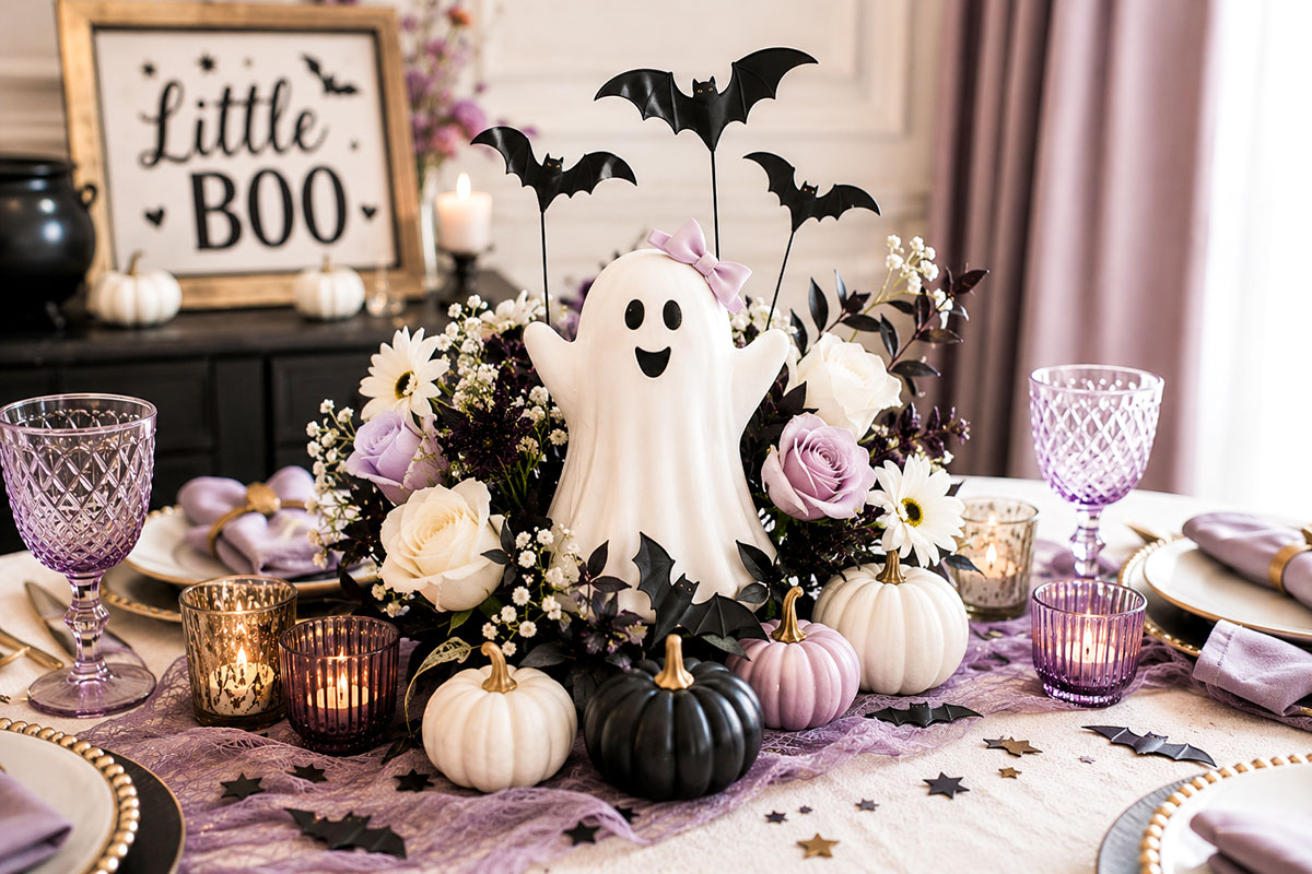 Little Boo ghost centerpiece with white ghost, lavender and ivory flowers and small black bats on a Halloween baby shower table