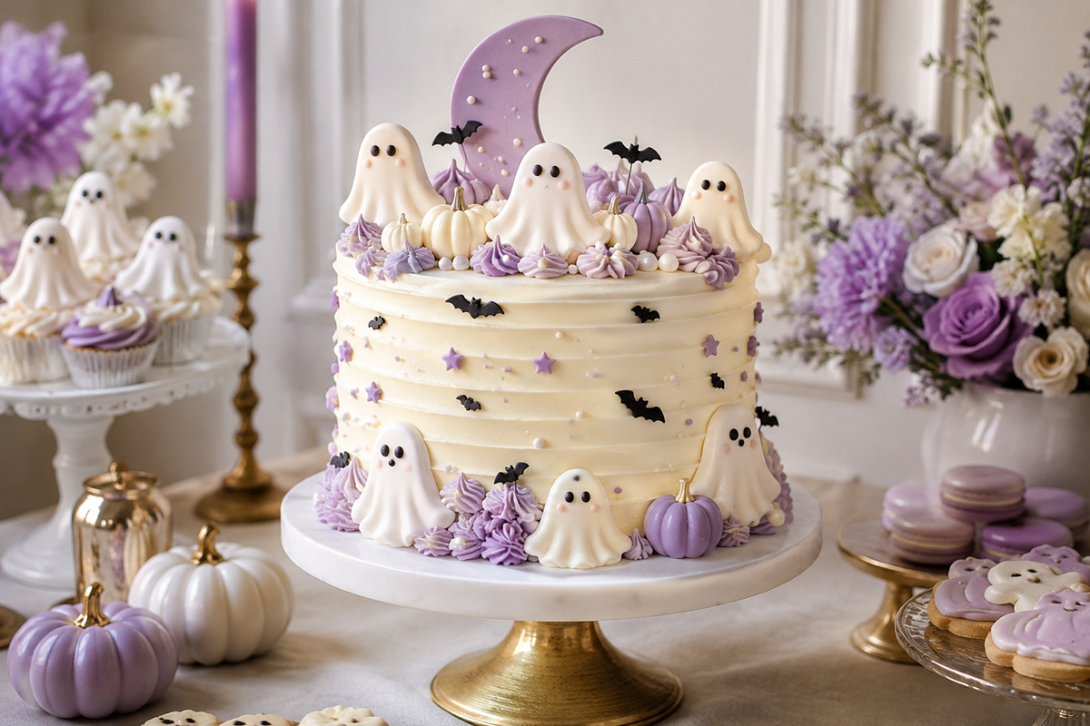Little Boo Halloween baby shower cake with friendly white ghosts, ivory frosting and pale lavender details
