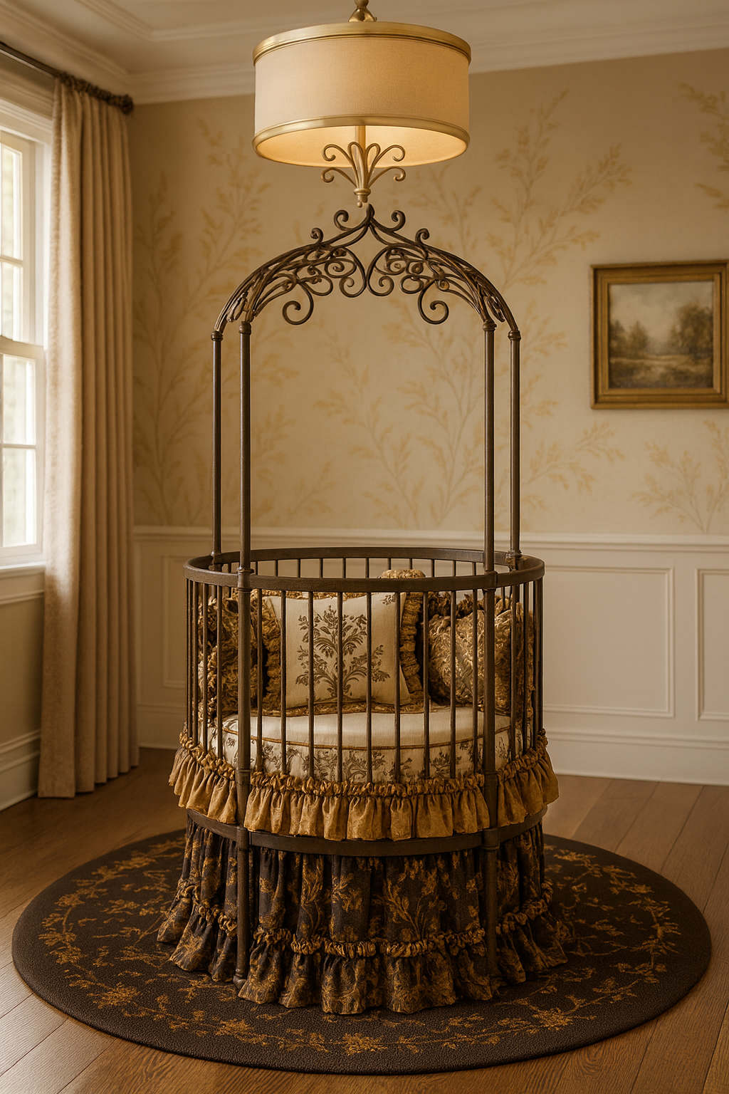 Little Miss Liberty round crib with ornate metal frame and luxurious crib linens