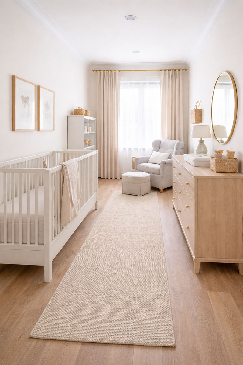 Long narrow nursery with crib on one wall and slim dresser on the other maintaining an open center walkway