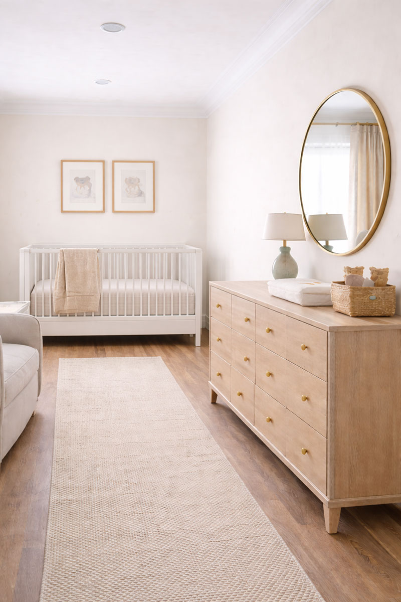 Long narrow nursery layout with crib at one end and dresser at the opposite end keeping the middle walkway open