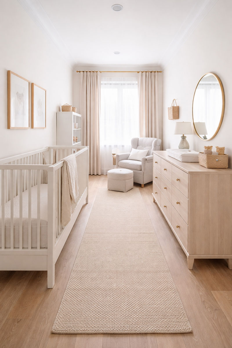Long narrow nursery layout with crib on one wall and dresser on the opposite end creating a clear center walkway