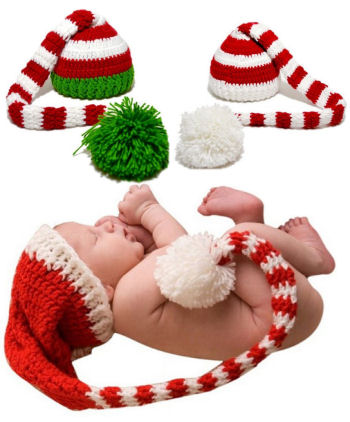 Long tail elf or Santa Claus Christmas crochet baby hats in red white and green yarn