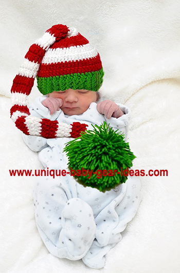 Long tail Christmas elf baby hat with a large pom pom crochet pattern
