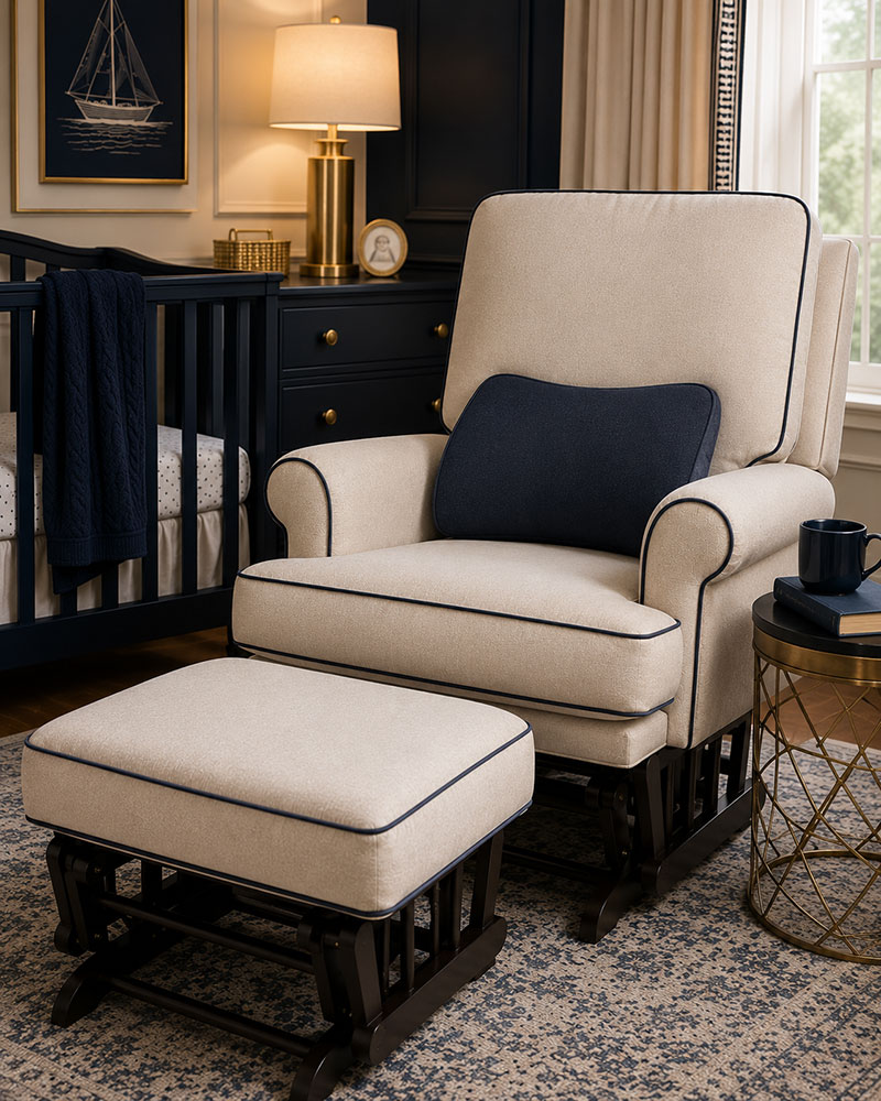 Nursery glider with supportive lumbar cushion during nighttime use