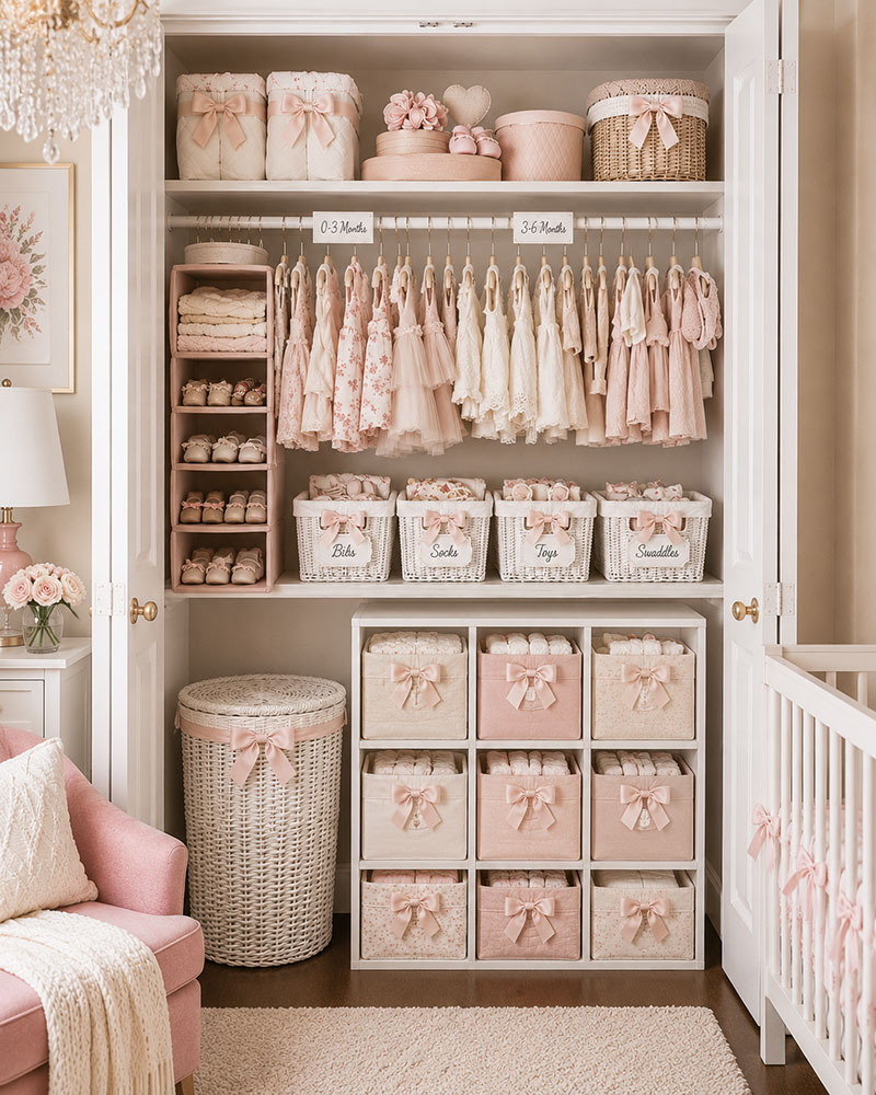 Luxury nursery closet with double hanging rods, organized drawers, baby shoes, and upscale storage styling