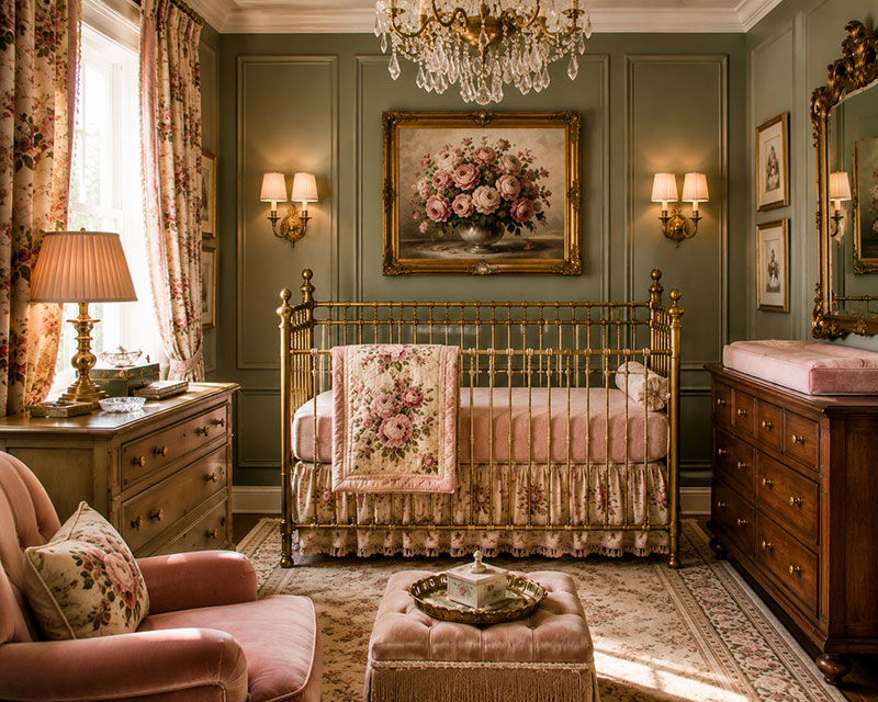 Vintage baby girl nursery with heirloom decor, antique furniture, and layered floral accents