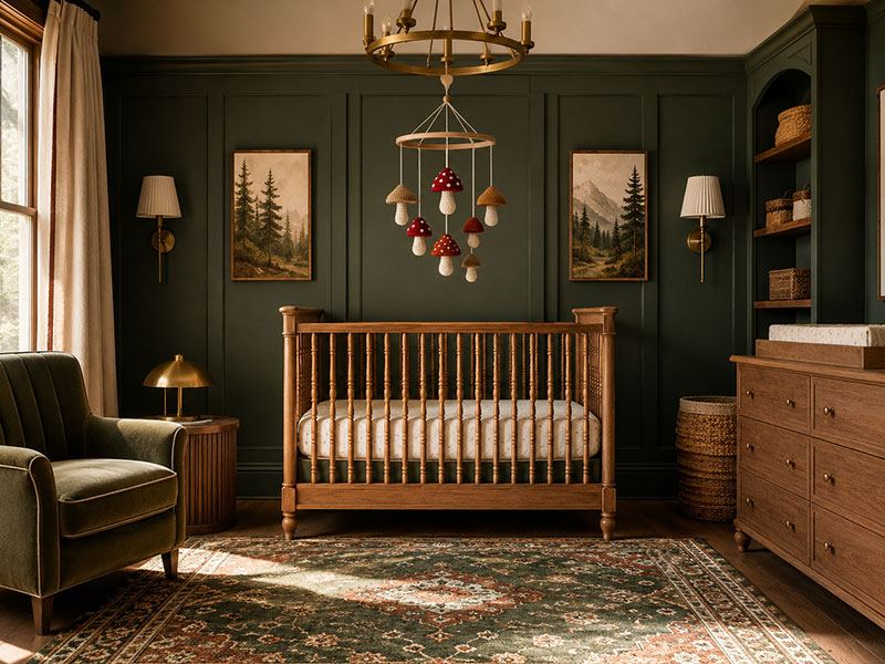 Luxury woodland nursery with forest-inspired wall treatment, designer crib, layered textiles, and upscale woodland decor