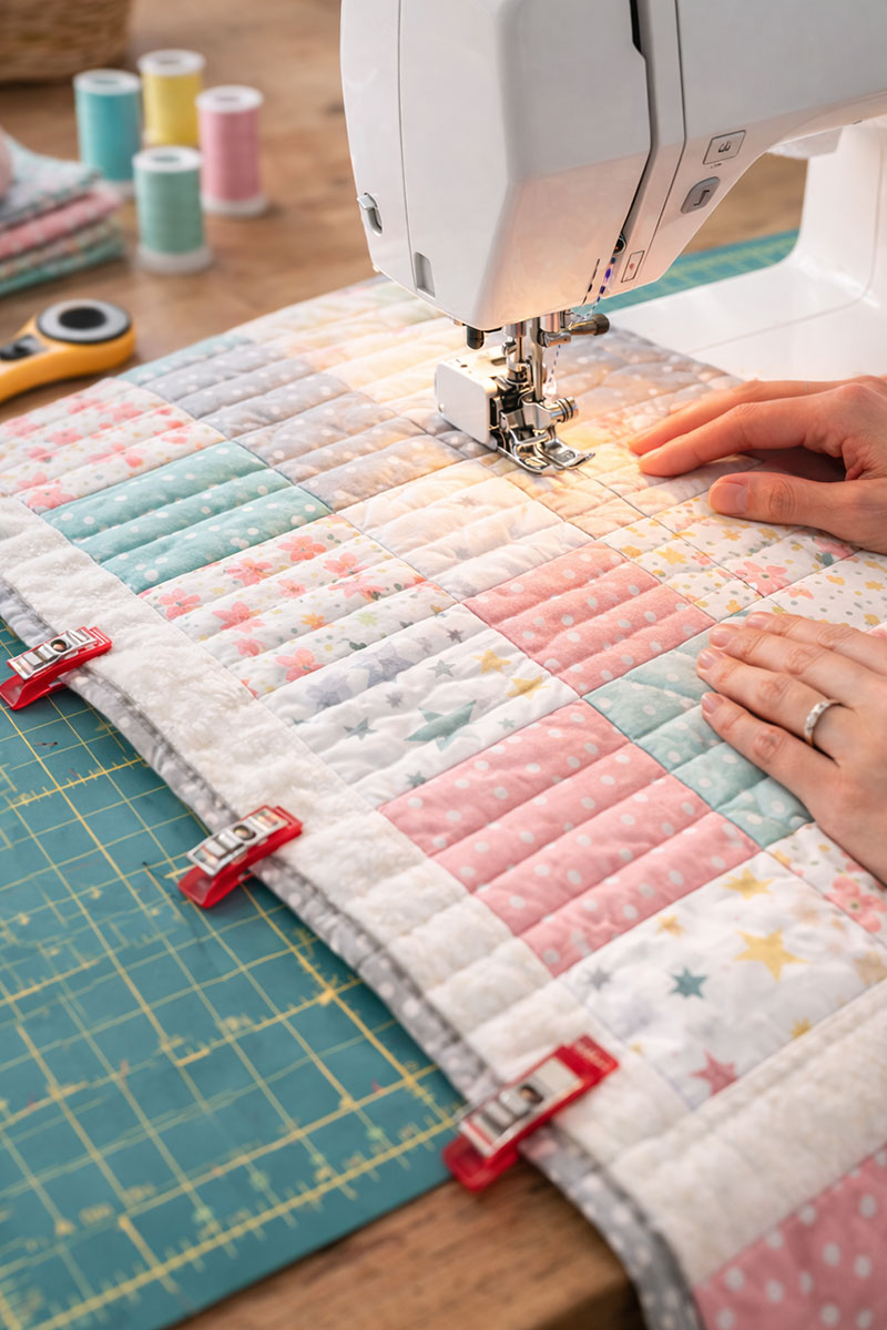 Straight line quilting on pastel crib quilt using home sewing machine