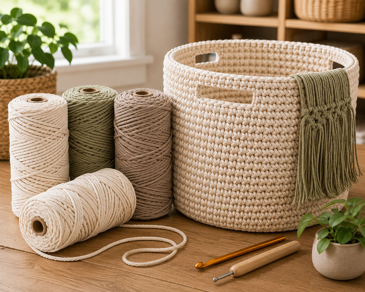 Braided macrame cord being tested with a large crochet hook for a structured storage basket