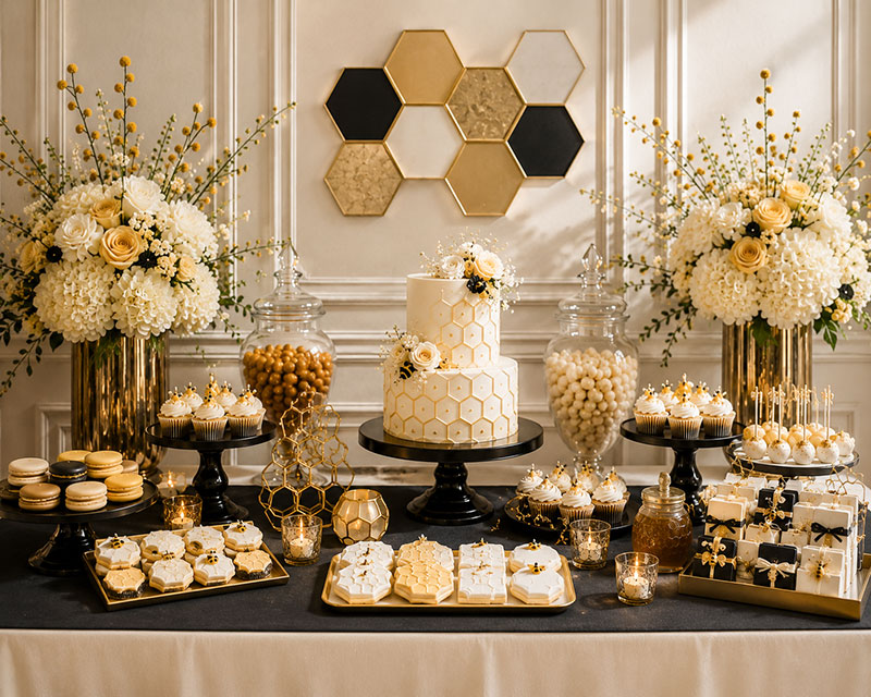 Mama To Bee baby shower welcome table with framed sign honeycomb accents and yellow party details