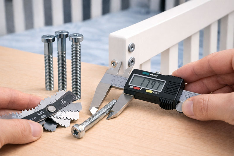 Matching crib screws safely using measuring tools and original hardware