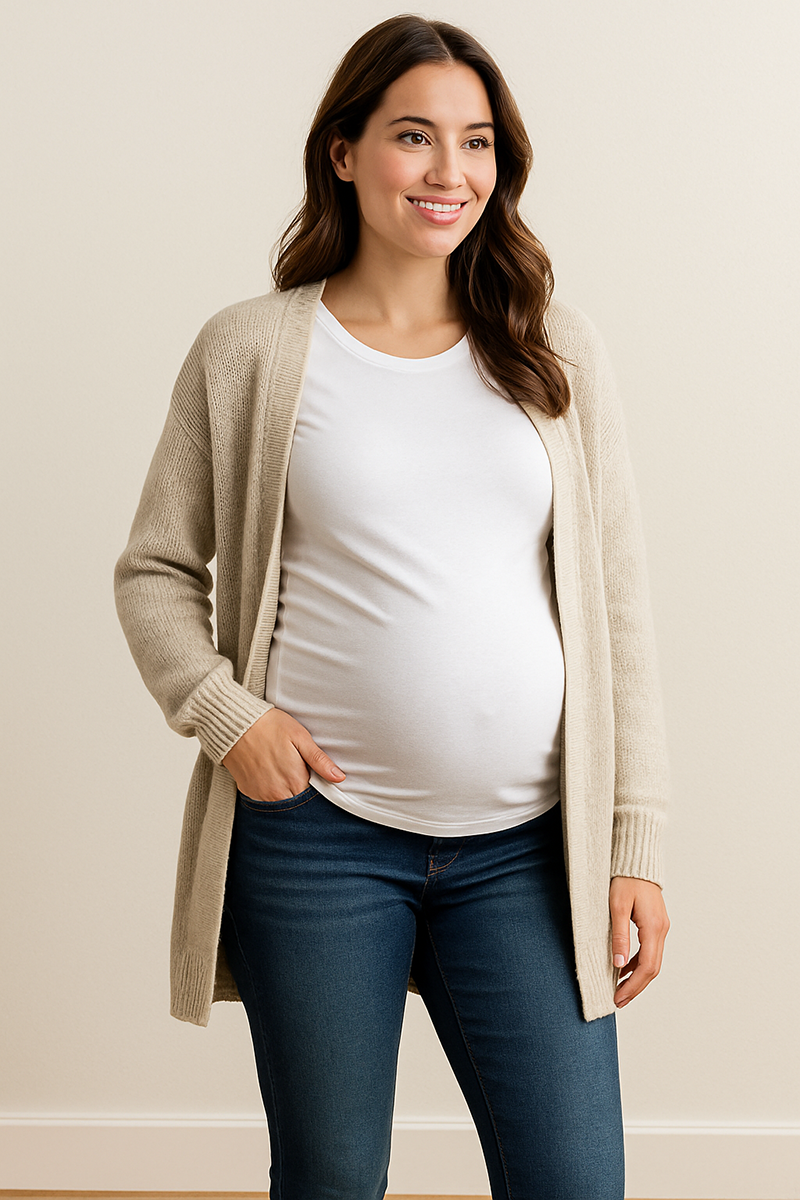 Comfortable maternity basics including layering tee bump panel jeans and soft cardigan