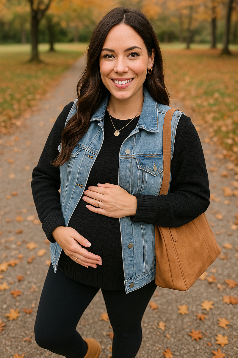 Maternity outfit with denim vest and black sweater outdoors in fall leaves
