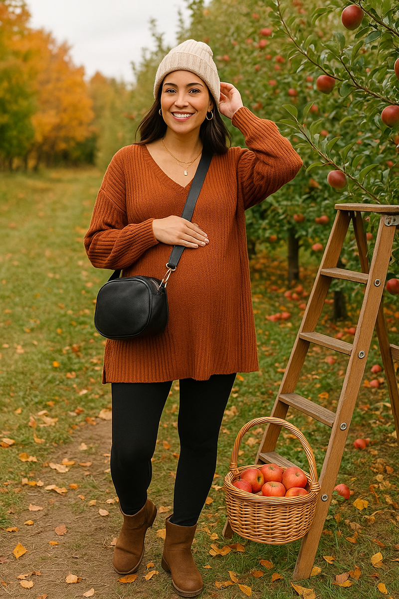 Maternity rust tunic outfit at apple orchard