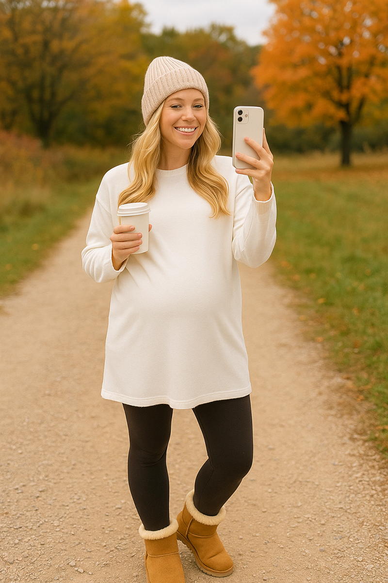 Maternity white tunic and leggings outdoors in fall scene