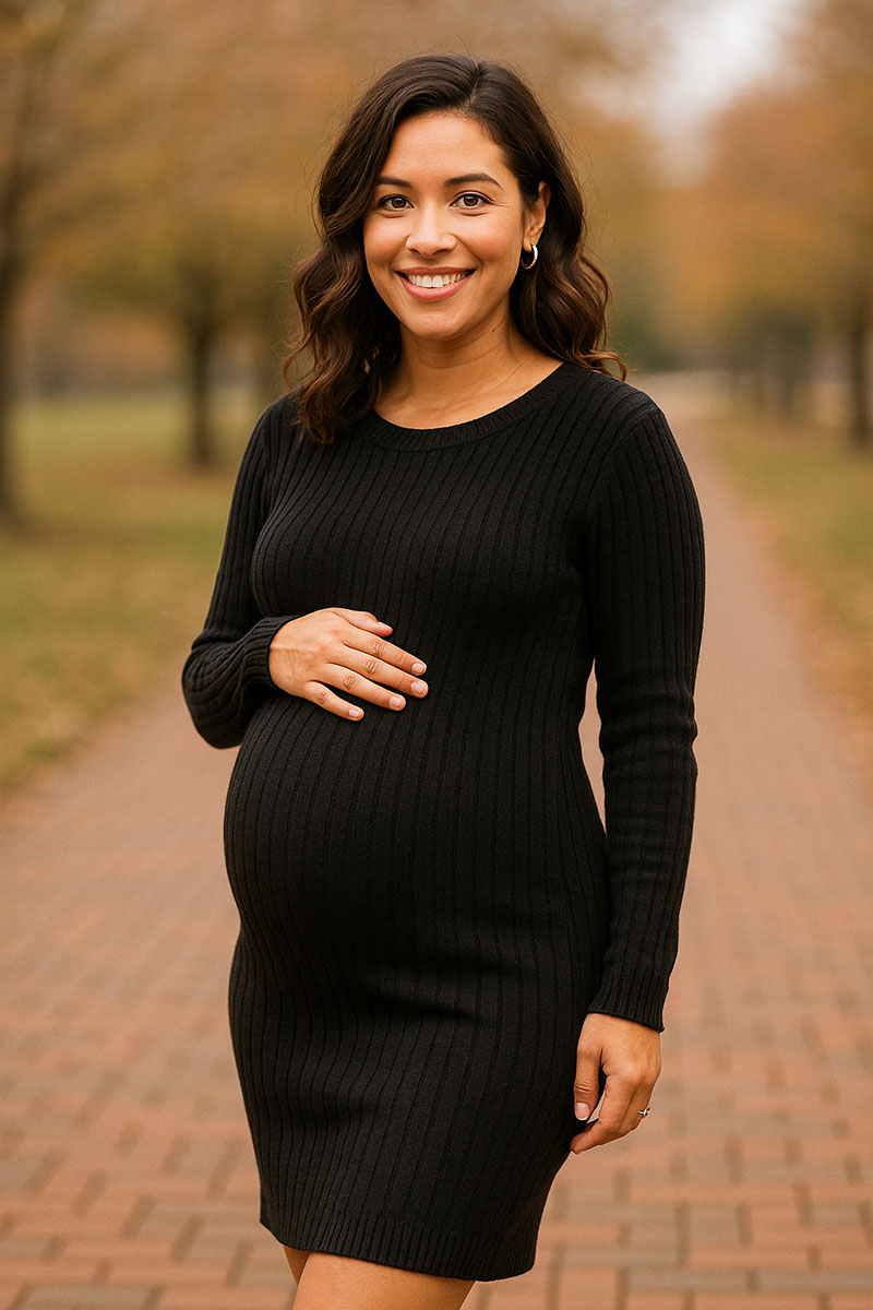 Maternity OOTD long sleeve black sweater dress outfit inspiration for pregnant moms
