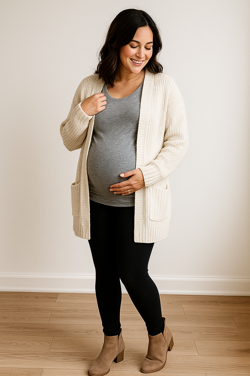 Pregnancy OOTD with black maternity leggings cream cardigan and ankle boots