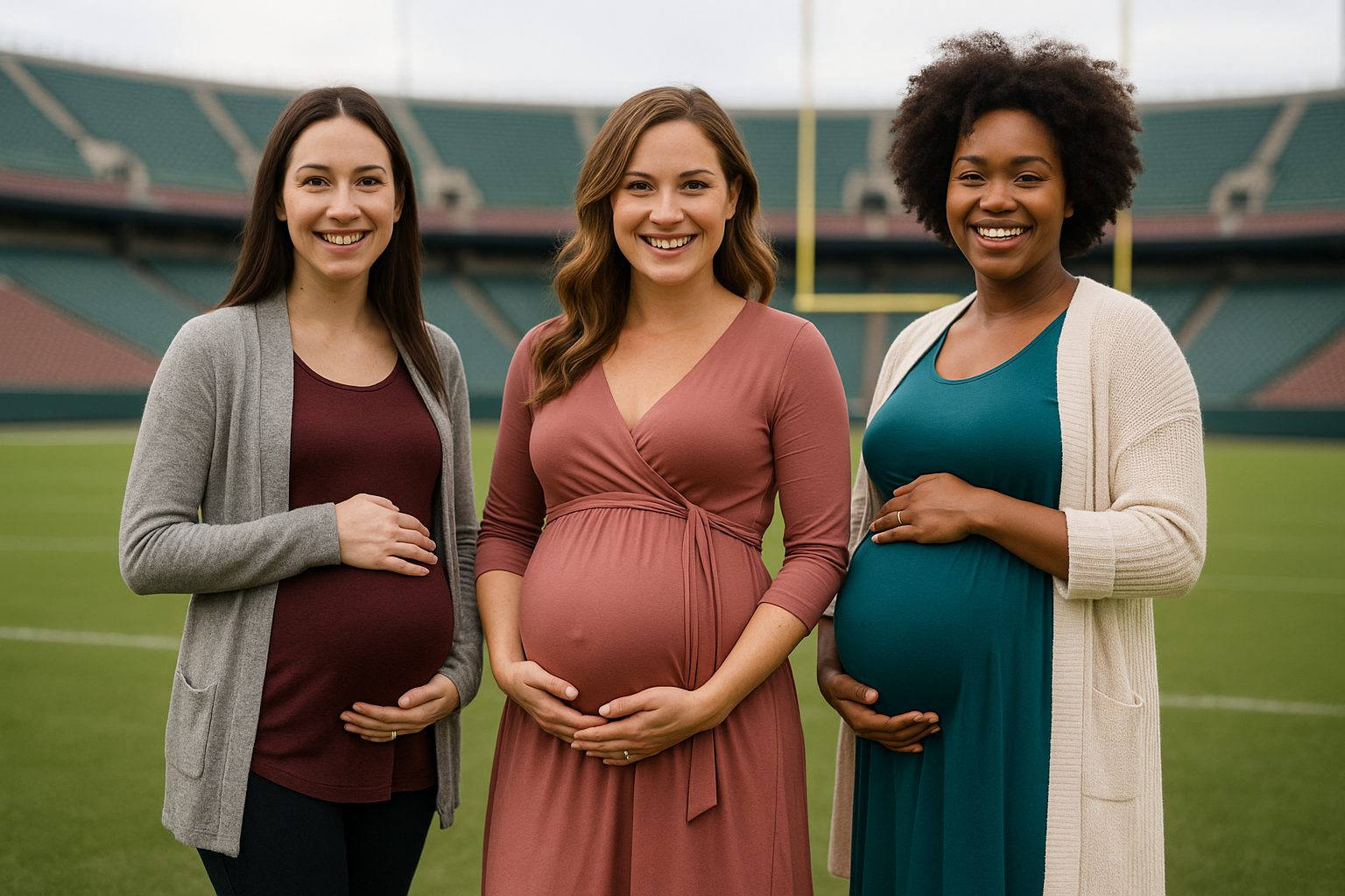 Three stylish pregnant women in first, second, and third trimesters smiling together in a football stadium