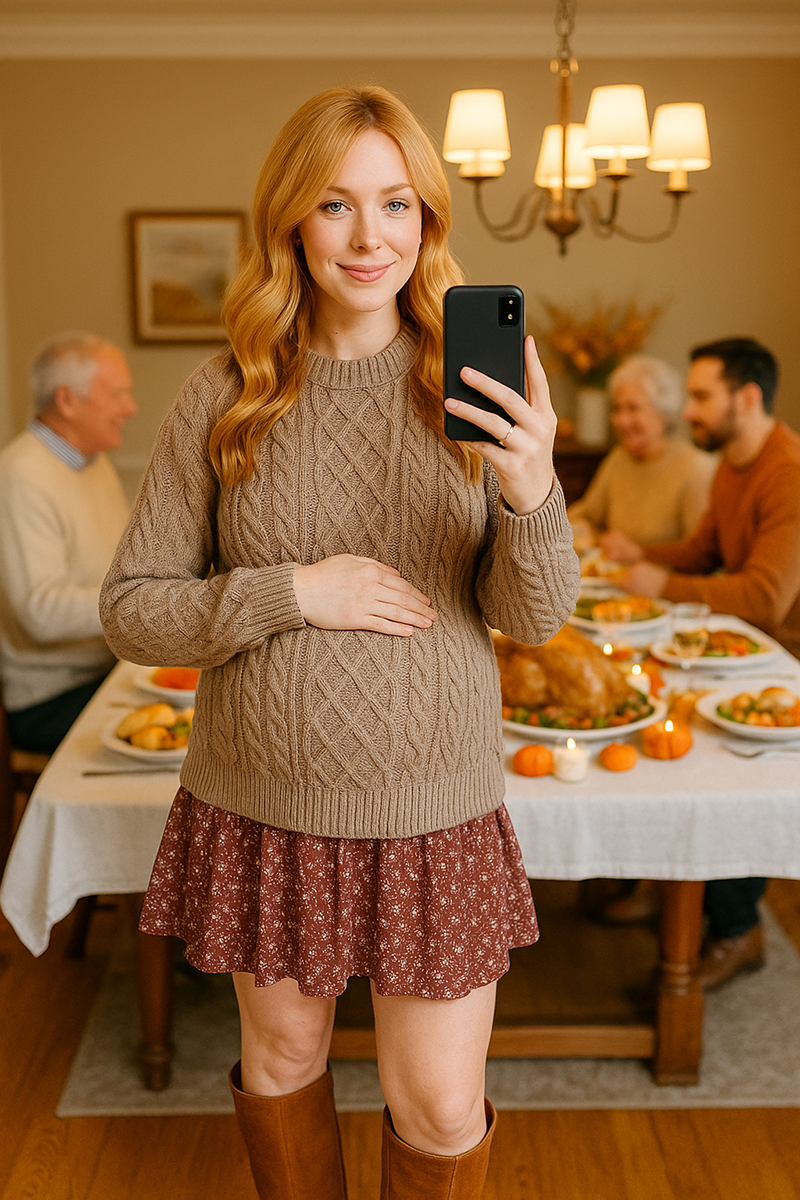 Cozy maternity Thanksgiving sweater dress outfit