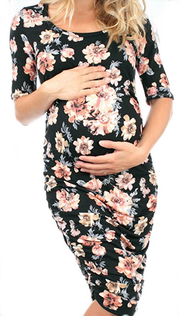 Short floral pattern print ruched maternity dress with ruching for less than $25.
