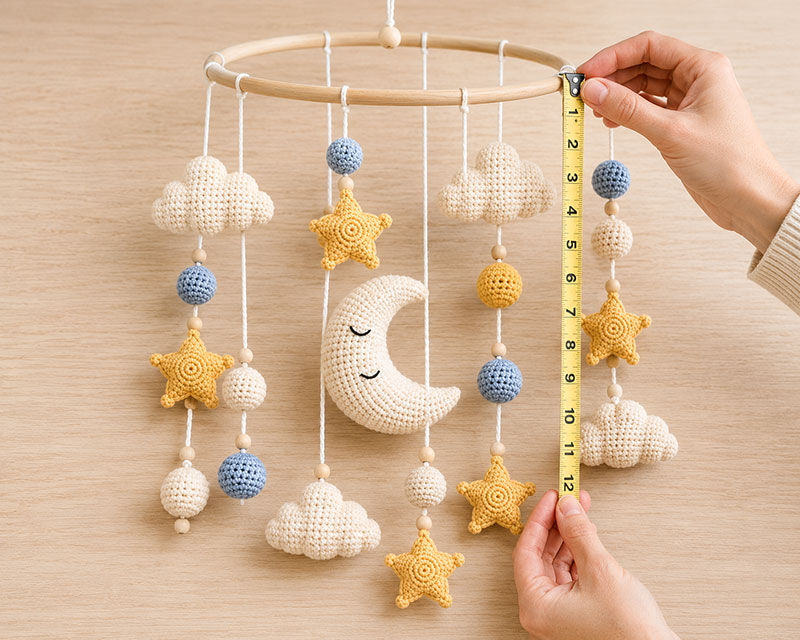 Measuring crochet hanging strands before assembling a nursery mobile