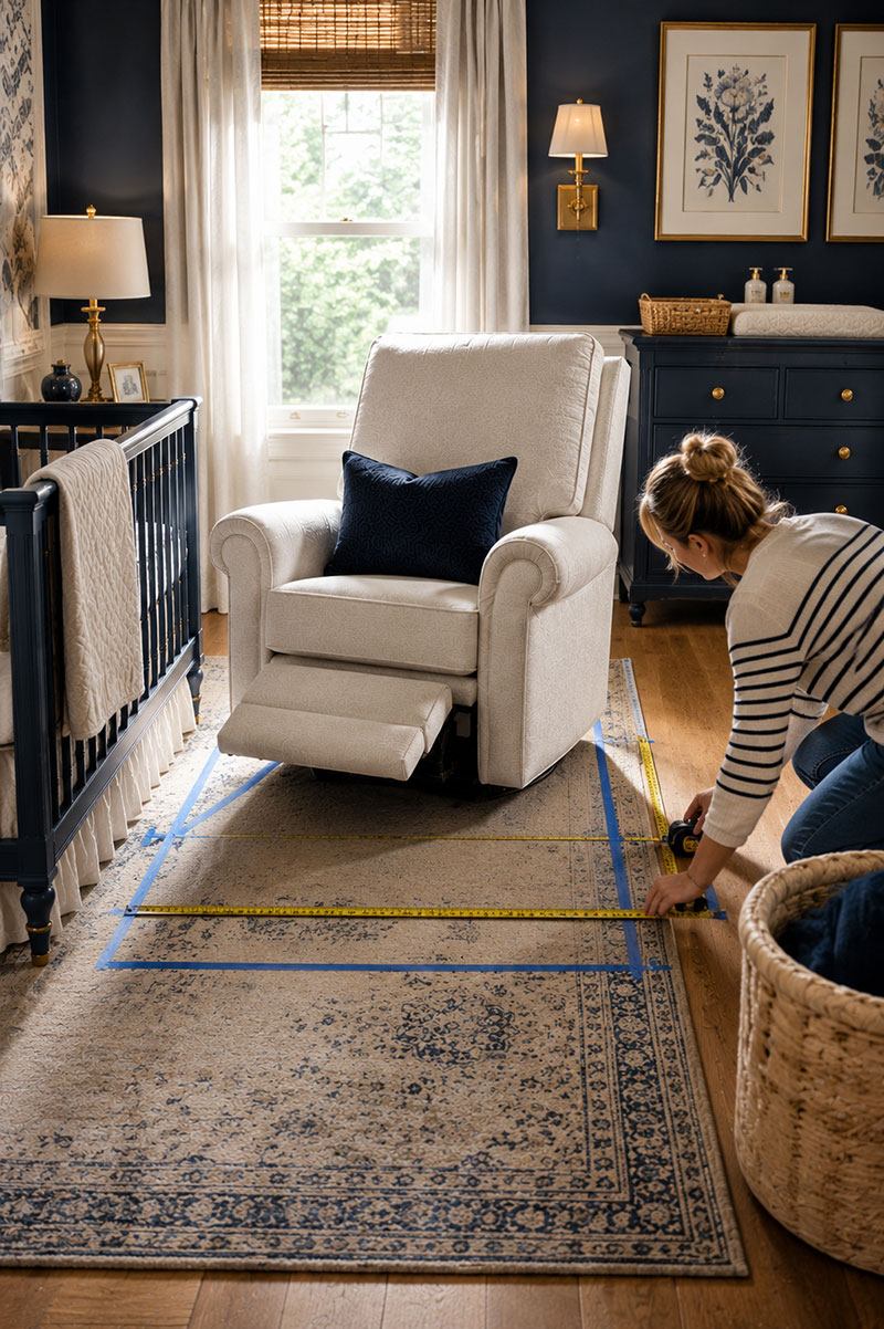 Measuring nursery recliner footprint and crib clearance before buying