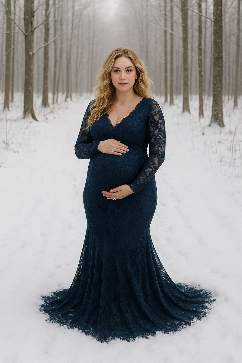 Pregnant woman in a midnight blue lace maternity gown standing in a snowy forest surrounded by tall white trees and soft winter light