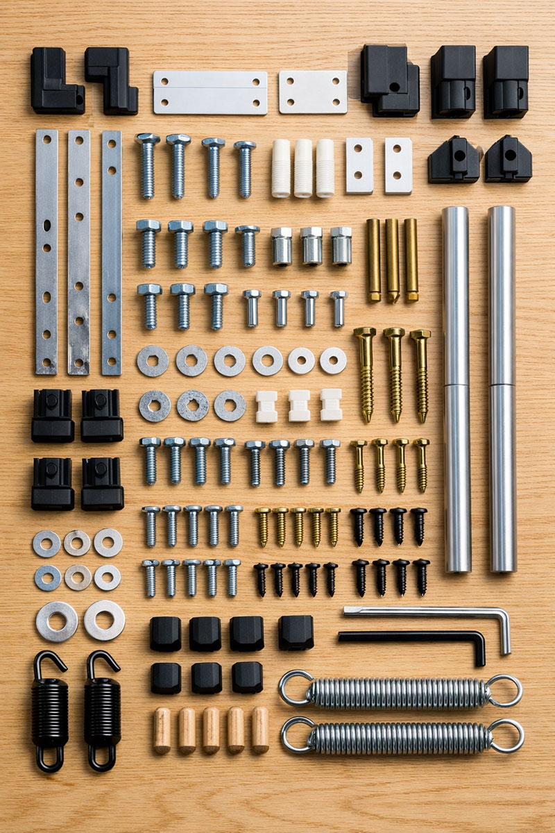 Million Dollar Baby crib parts overview showing original hardware components and fasteners