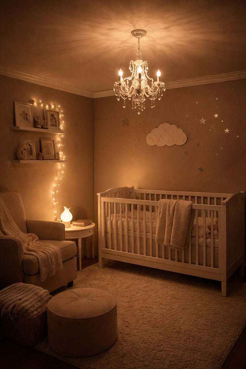 Mini chandelier providing controlled lighting in nursery during nighttime routine