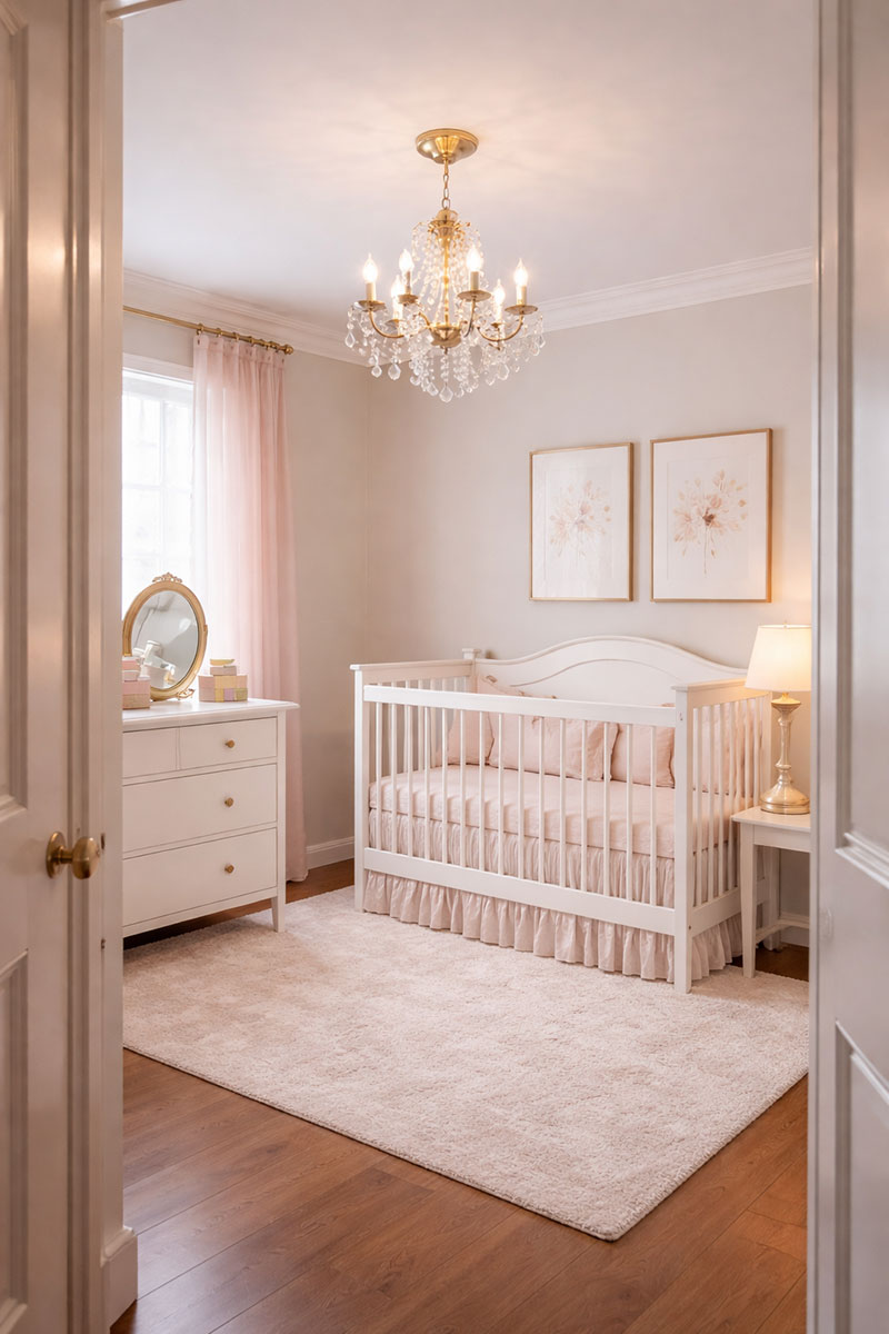 Mini chandelier viewed from side angle in small nursery above crib area