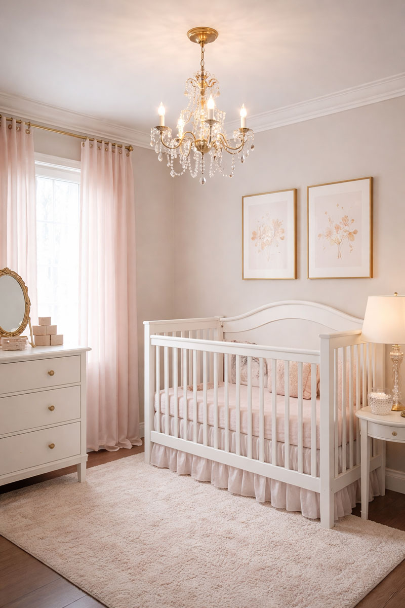 Small nursery with a delicate mini chandelier creating soft ambient lighting above a crib
