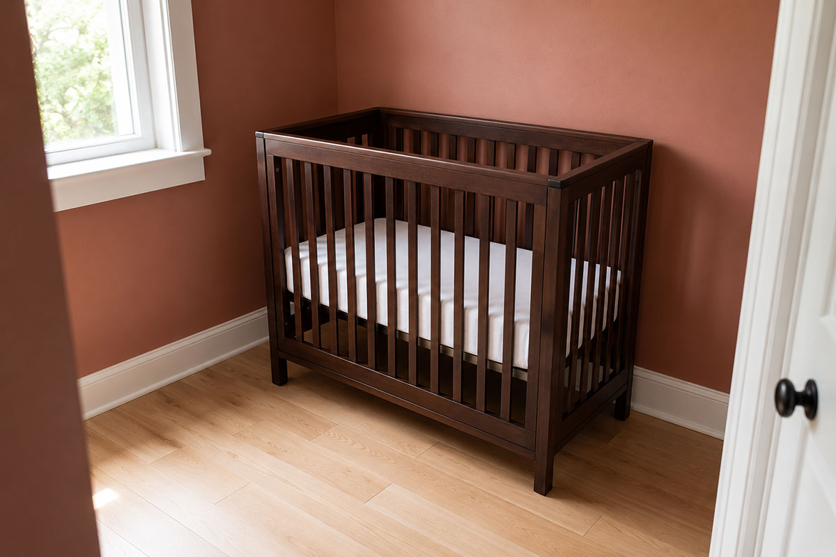 Current fixed-side mini crib in a small uncluttered room with stationary rails and a fitted mattress
