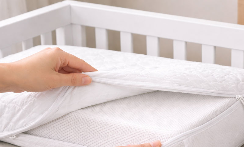 removable breathable mini crib mattress cover being handled during sheet change