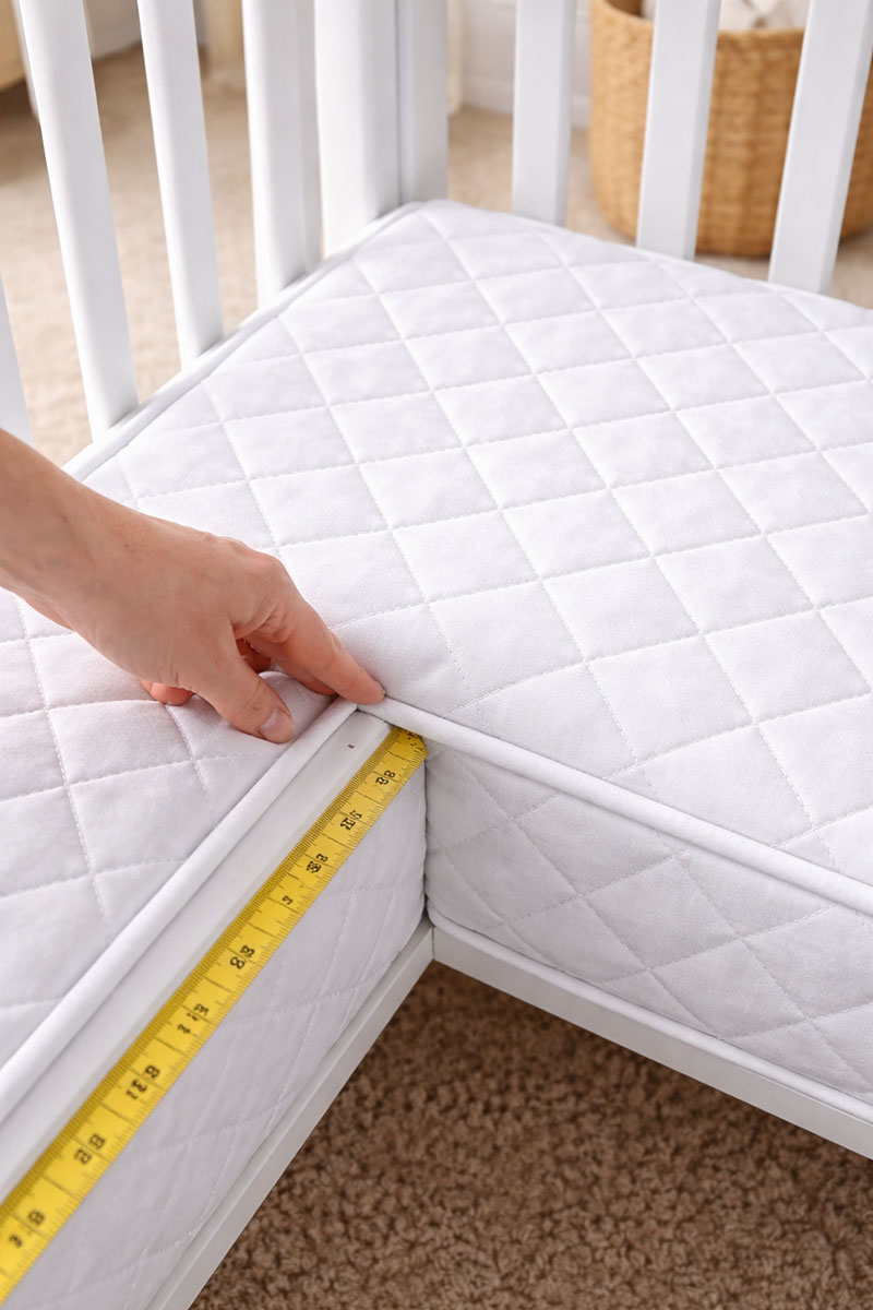 Mini crib mattress fit check showing snug corners and even edges
