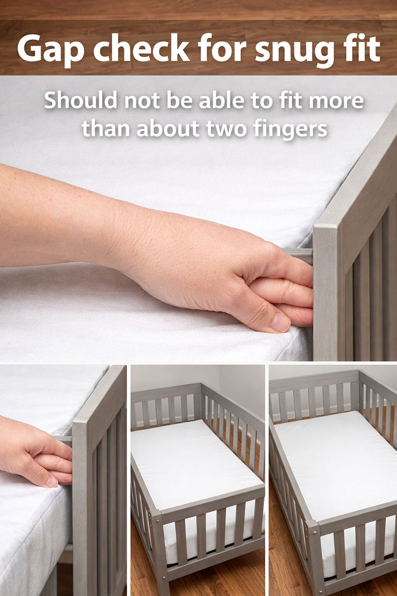 Hand checking the gap between mini crib mattress and crib frame to confirm snug fit