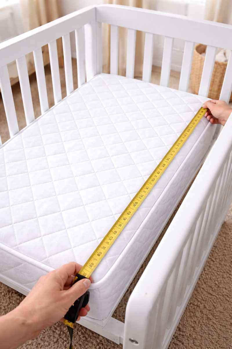 Measuring tape used to confirm mini crib mattress length and width before purchase