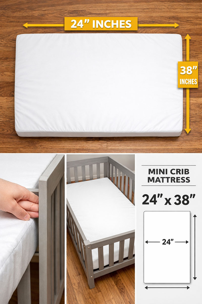 Mini crib mattress measuring 24 by 38 inches placed inside a properly fitted mini crib frame