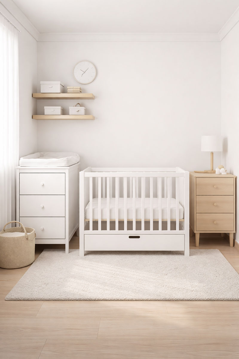 Compact nursery setup featuring mini crib mattress inside a small space layout