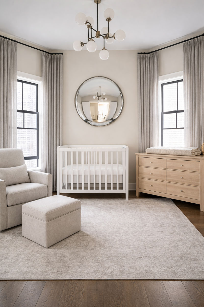 mini crib mattress placed in a compact modern nursery layout
