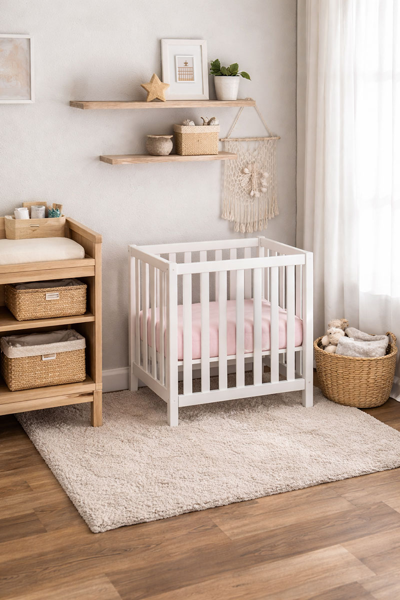 Mini crib in a small nursery layout with limited floor space