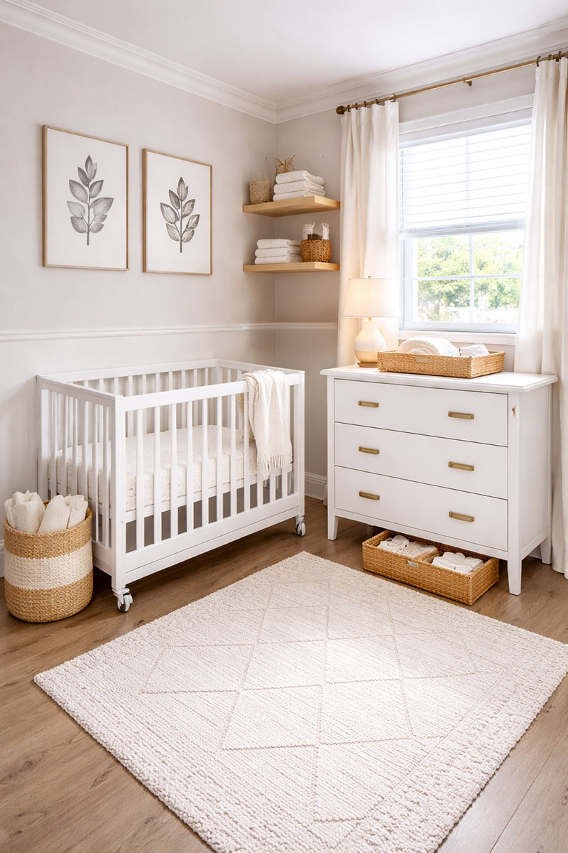 Best mini cribs with wheels for small spaces shown in a small nursery with a compact crib, dresser, and open floor space