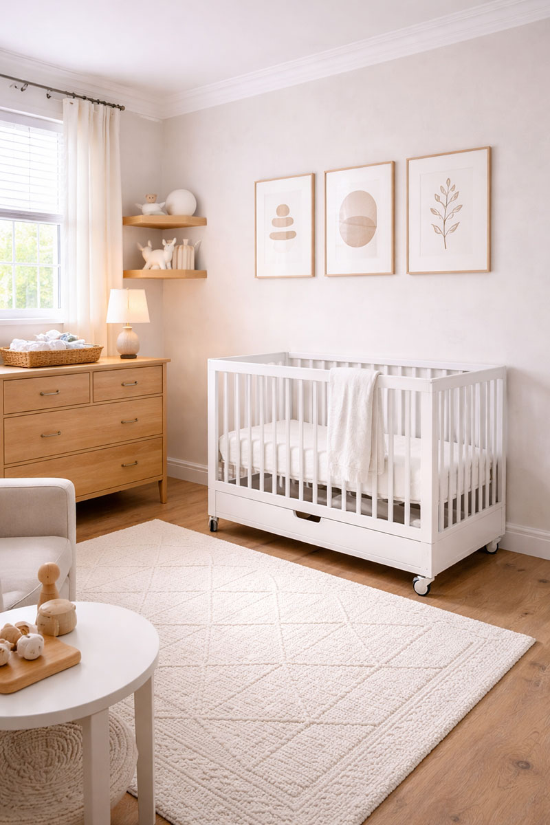 Mini crib with built in storage drawer underneath in a compact nursery