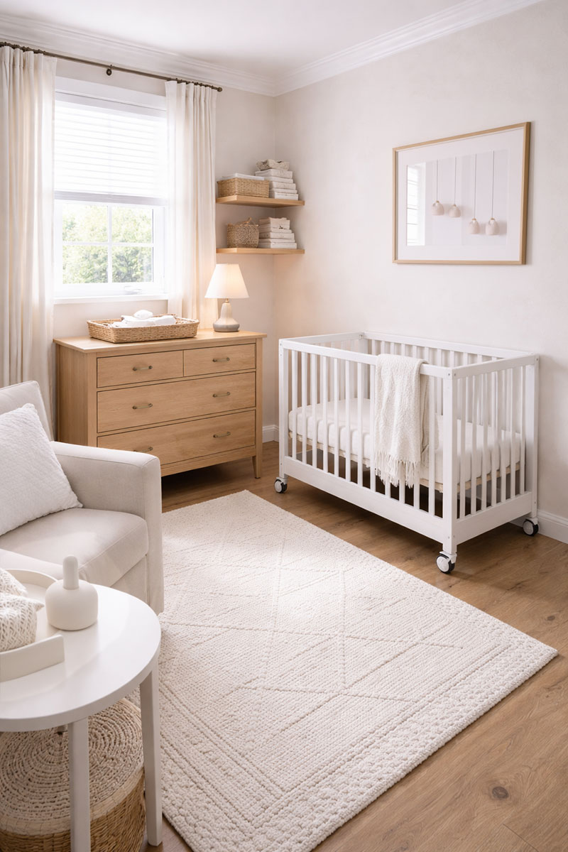 Mini crib with wheels positioned in a compact nursery for flexible placement