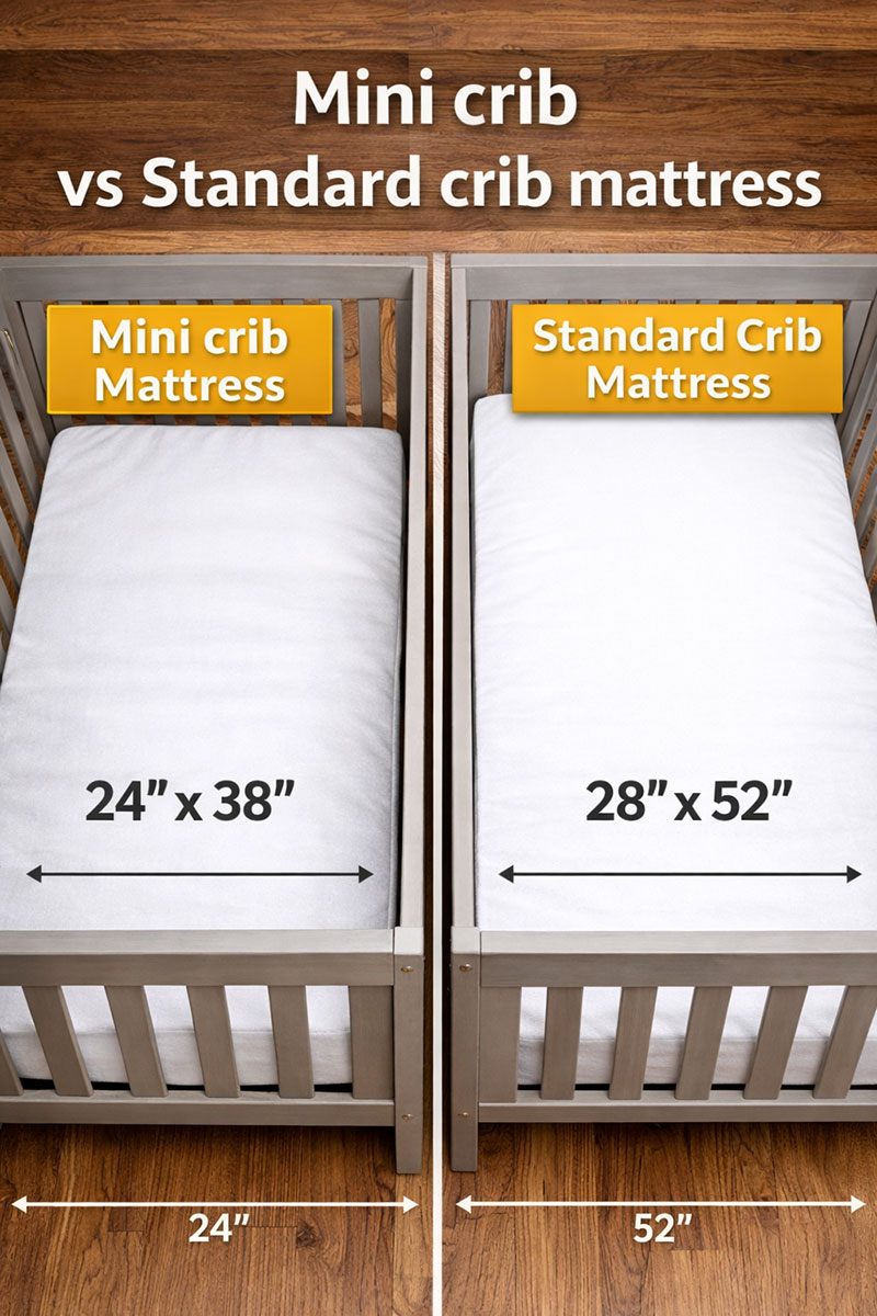 Comparison of mini crib mattress size 24 by 38 inches versus standard crib mattress 28 by 52 inches
