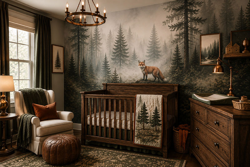 Misty forest nursery wallpaper behind a modern crib with copper accents and a small red fox nursery print