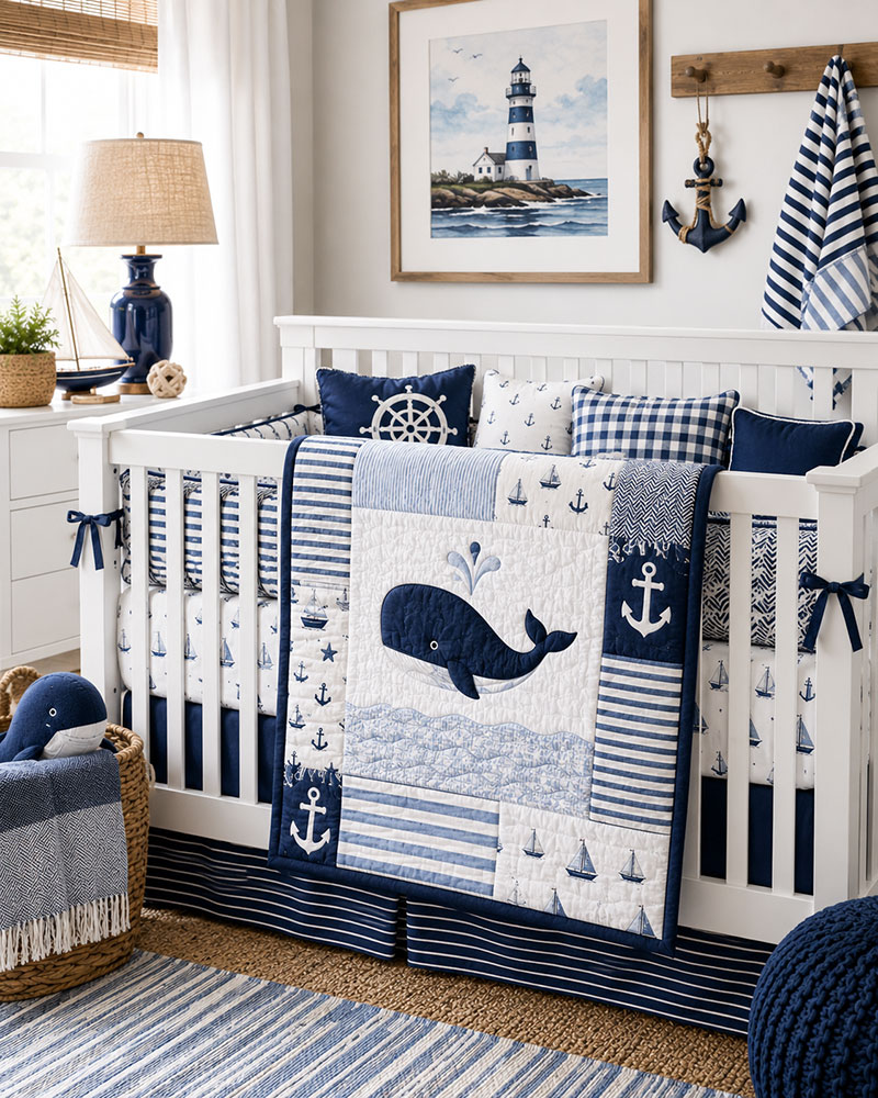 Layered nautical crib bedding with striped coastal nursery decor